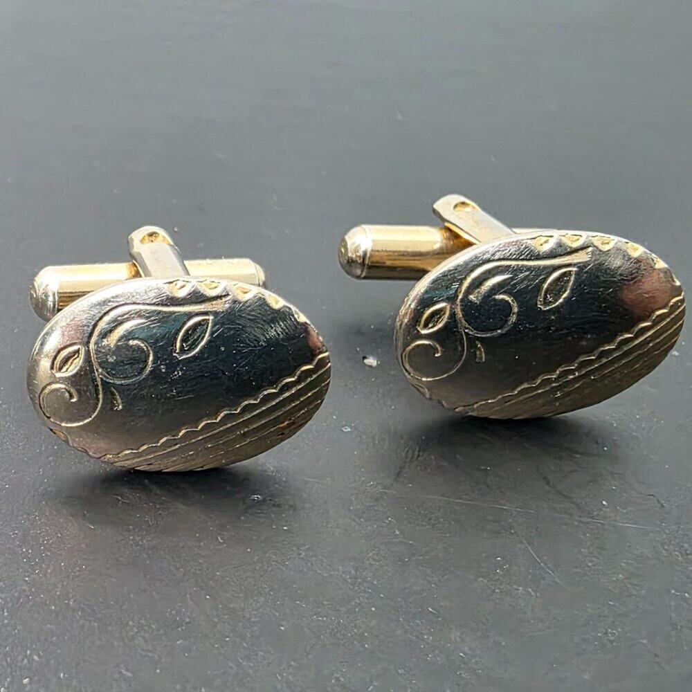 Vintage Gold Tone Oval Cufflinks Engraved Floral Scroll Mid Century Modern MCM